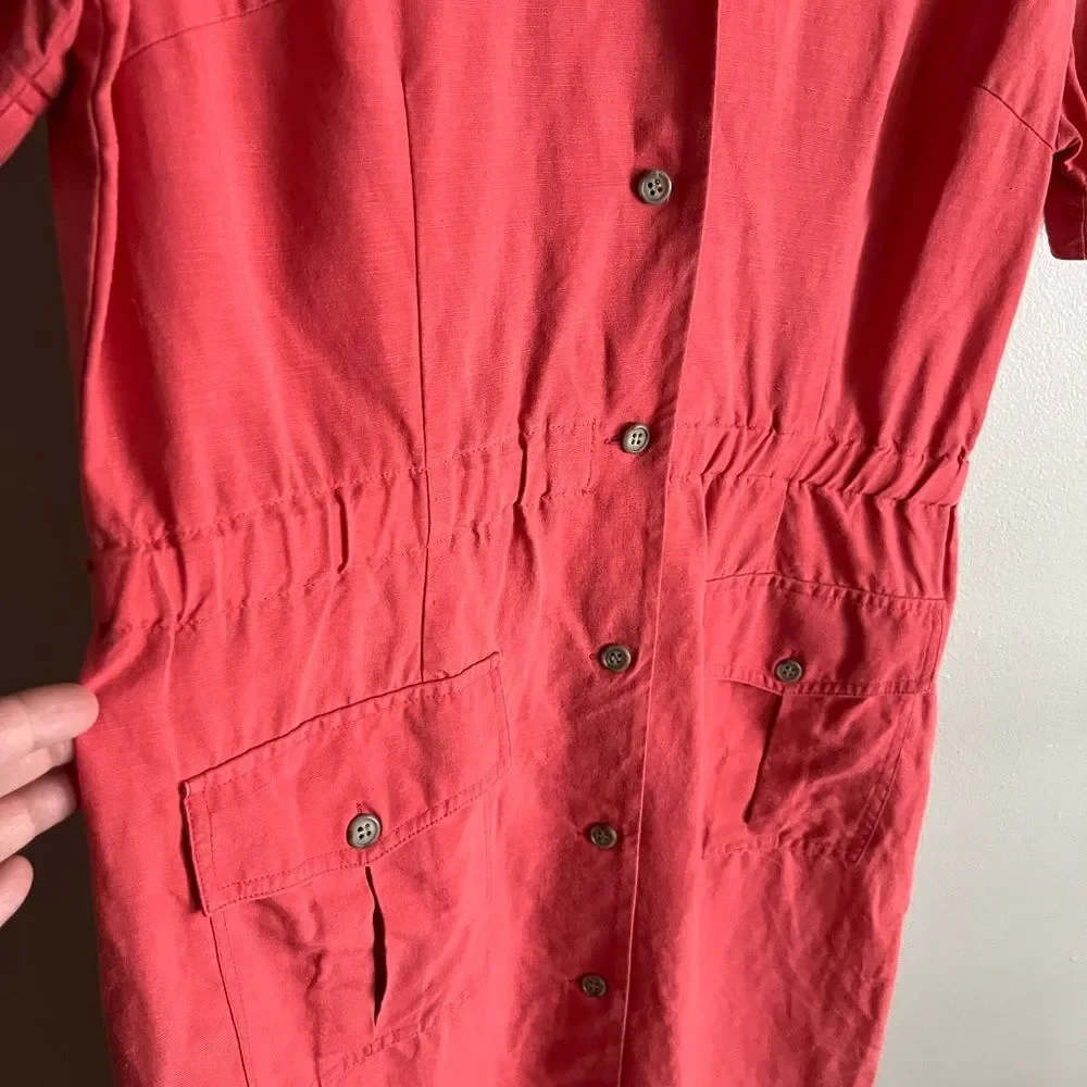 Talbots Linen Blend Shirt-Dress With Pockets Short Sleeve Red Rustic M-L